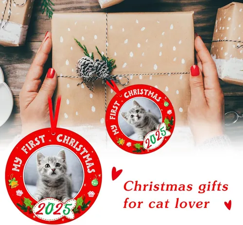 Vista 7 de PETCEE Adornos de gato para árbol de Navidad - Mi Primera Navidad Ornamento 2025 Marco de fotos de gatito Adornos personalizados para colgar fotos