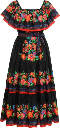 Vista 2 de Vestidos largos para mujer, diseño floral mexicano, estilo étnico, Cinco de Mayo, para fiesta