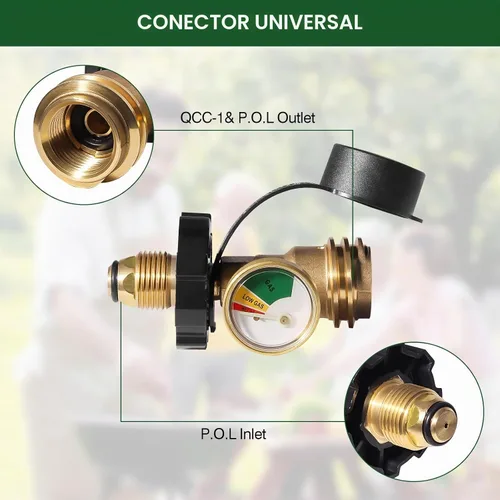 Vista 4 de Adaptador de tanque de propano de 100 libras con medidor, medidor de tanque de propano POL de ajuste universal convierte la válvula de servicio