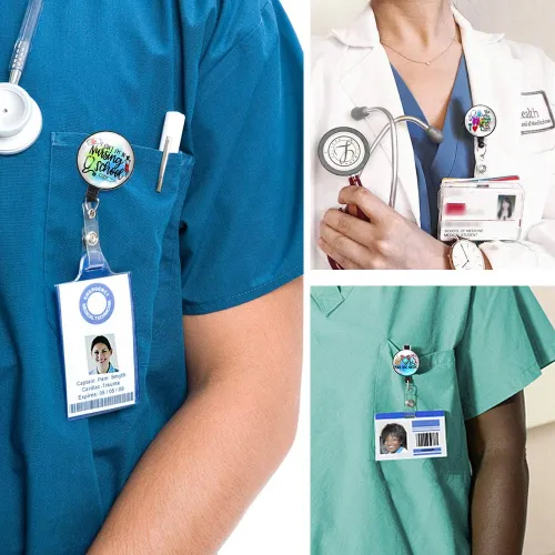 Vista 4 de Carrete retráctil azul para tarjetas de identificación con clip de cocodrilo, paquete de 3 clips para tarjetas de identificación (enfermera azul)