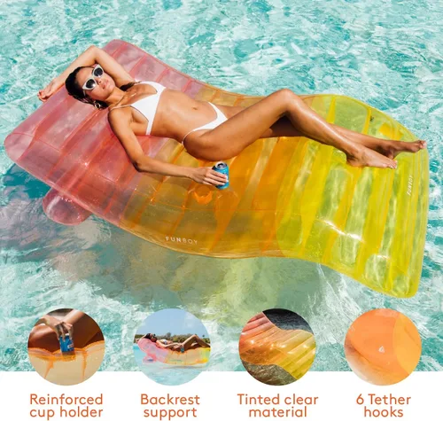 Vista 4 de FUNBOY Tumbona Chaise Inflable Gigante de Lujo Transparente Arcoíris, Silla Flotador de Piscina para Adultos, Perfecto para una Fiesta de Verano