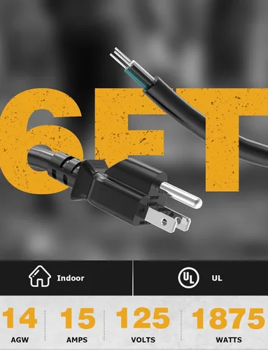 Vista 3 de Cable de alimentación de repuesto de 6 pies 14/3 para electrodomésticos y herramientas eléctricas, cable calibre 14 Ancable de 3 clavijas, extremo