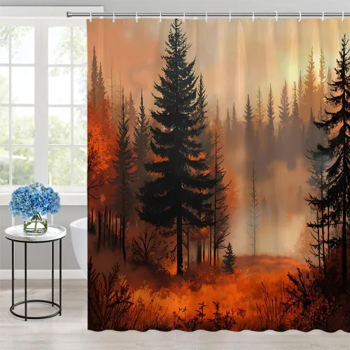 Vista 2 de Cortina de ducha de árbol del bosque otoñal, Halloween, bosque brumoso, pino, montaña, niebla, selva, terror, otoño, país de las maravillas, juego