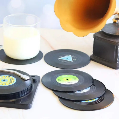 Vista 9 de Divertidos posavasos retro para bebidas con soporte para reproductor de vinilo, juego de 6 posavasos de elefante blanco para amantes de la música