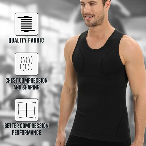 Vista 5 de PODFAN Camisa de compresión para hombre de ginecomastia, camiseta sin mangas adelgazante, chaleco moldeador de cuerpo para hombre, camisetas