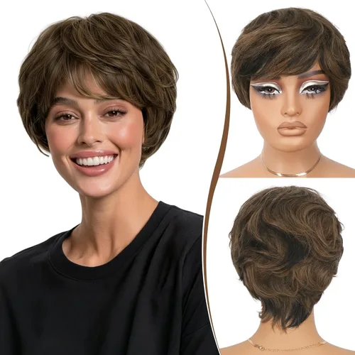 Vista 8 de RUWISS Peluca de cabello humano con corte Pixie, peluca de cabello humano con flequillo, peluca negra corta natural en capas, ondulada