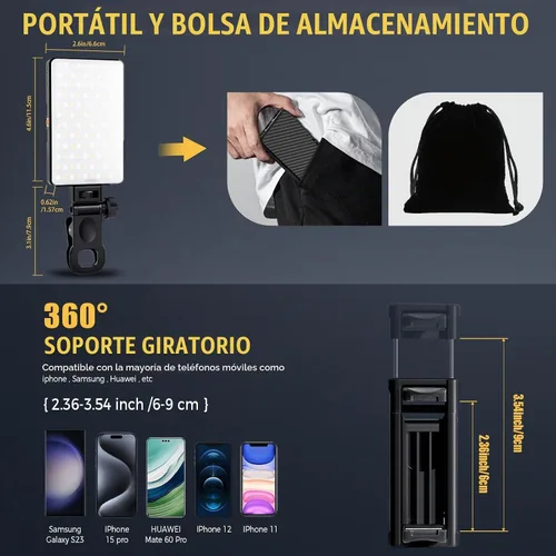 Vista 5 de MACTREM 168 luces LED para selfie para iPhone, clip de luz portátil para teléfono, 3000 mAh, 3 modos de iluminación recargable Alix Earle