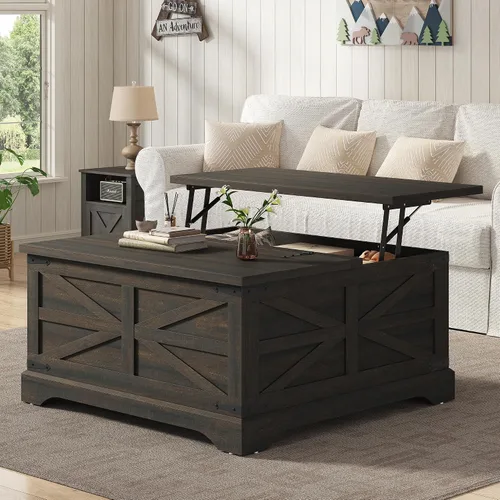 Vista 13 de Furnideco - Mesa de centro de granja con superficie elevable, mesa central cuadrada de madera con gran compartimento de almacenamiento oculto