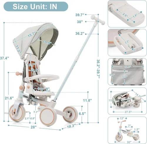 Vista 6 de Triciclo de bebé 7 en 1, triciclo plegable para niños, pedal extraíble para edades de 1 a 6 años, color azul 7 en 1