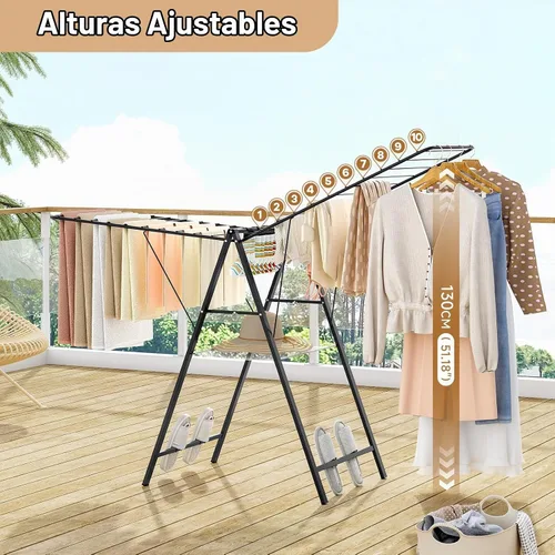 Vista 6 de APEXCHASER Perchero de Ropa Plegable, Perchero de Secado de Metal para Lavandería con Barras de Altura Ajustable, Perchero Ultra Delgado para Ropa