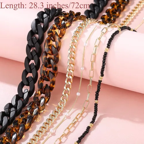 Vista 5 de 17KM 6-9 piezas de soporte para correa de cadena de gafas de sol para mujer cordón de cadena de lentes de acrílico negro con cuentas con clips