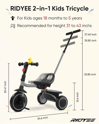 Vista 6 de RIDYEE Triciclo para niños pequeños de 18 meses a 5 años con mango de empuje extraíble, triciclos para niños de 3 a 5 años, ideal para familias