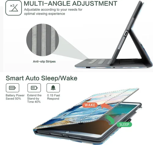 Vista 6 de Funda para iPad de 9ª/8ª/7ª generación, para iPad 10.2 funda de 10.2 pulgadas, soporte para lápices, correa de mano, bolsillo, rayas Azul Romántico