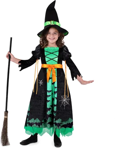 Vista 3 de Spooktacular Creations Disfraz de bruja verde para niñas disfraz de murciélago de bruja de cuento de hadas con sombrero disfraz de bruja malvada