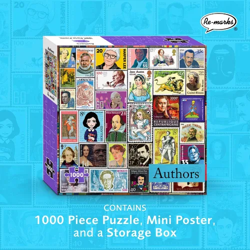 Vista 2 de Re-marks Famous Authors - Rompecabezas de collage de sellos postales, rompecabezas de 1000 piezas para todas las edades