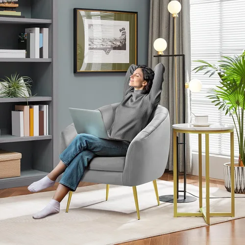 Vista 3 de Yaheetech Silla de Tocador Moderna, Silla de Acento de Terciopelo Suave con Patas de Metal Dorado, Sillón Acolchado Chaise Longue para Sala de Gris
