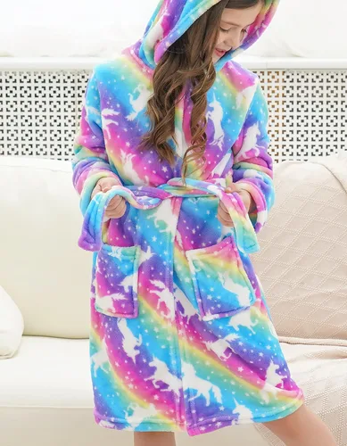 Vista 5 de Doctor Unicorn Suave bata de baño con capucha arcoíris para niñas