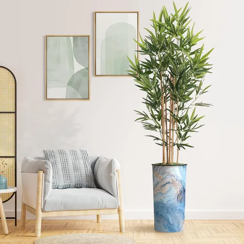 Vista 12 de Árbol artificial en macetero con efecto de granito moderno, palmera tropical areca artificial de seda para decoración del hogar en interiores