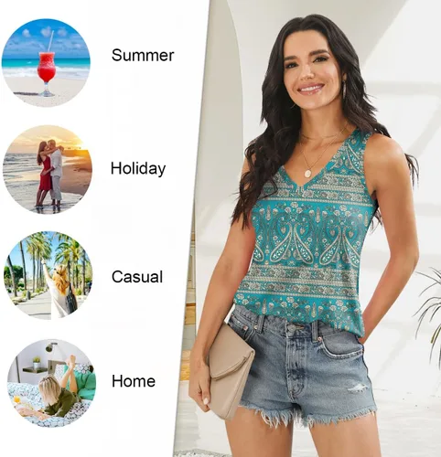 Vista 4 de LONGYUAN - Camisetas sin mangas de verano para mujer con diseño casual y holgado, blusa tipo túnica con cuello en V y aberturas laterales