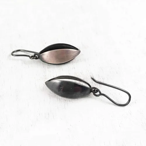 Vista 4 de Nature Inspired Geometric Earrings, Hook Dangle Drop, Sterling Silver Satin and Dark Oxidized Finish, Handmade in Peru. Great for Gift Sets.