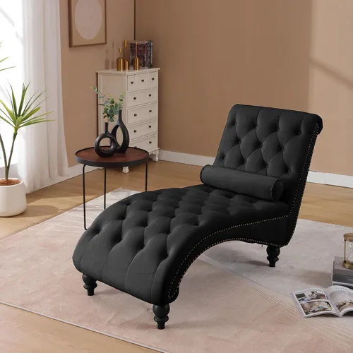 Vista 14 de Tumbona con botones para interiores, tumbona de terciopelo con patas y almohada, respaldo enrollado sin brazos, sofá reclinable para sala de estar