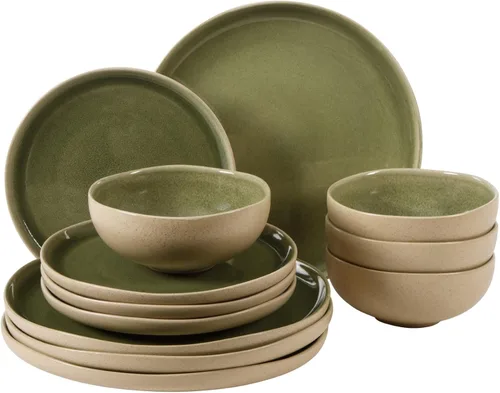 Vista 32 de Gibson Elite Peach Orchard - Juego de vajilla de porcelana de hueso de 12 piezas para 4, platos y cuencos estriados en relieve, apto