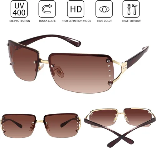 Vista 3 de Dollger Lentes de sol Y2K sin montura para mujeres y hombres, rectangulares, de moda, retro, sin marco, a la moda, envolventes, gafas futuristas