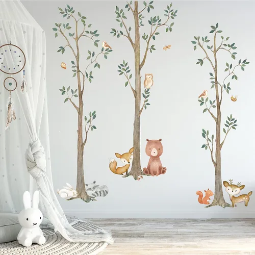Vista 2 de InnovativeStencils Woodland - Calcomanías de acuarela para árbol de pared, diseño de animales, criaturas de abedul, oso, zorro, mapache, conejo