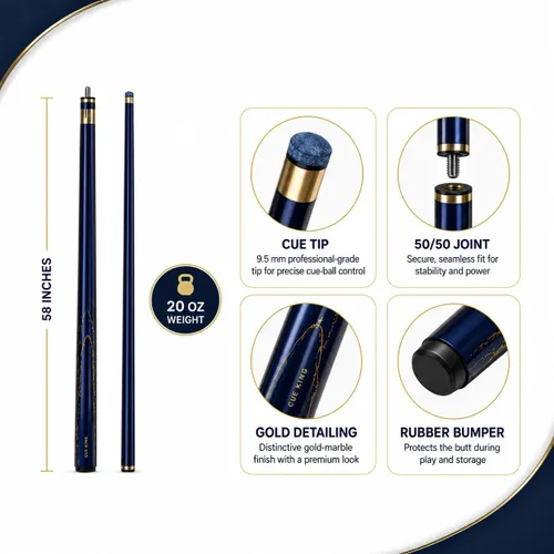 Vista 2 de Cue-King Premier - Taco de billar de 58 pulgadas, 20 onzas, 2 piezas con punta premium de 9.5mm y funda de cuero, palo de billar, taco de pool