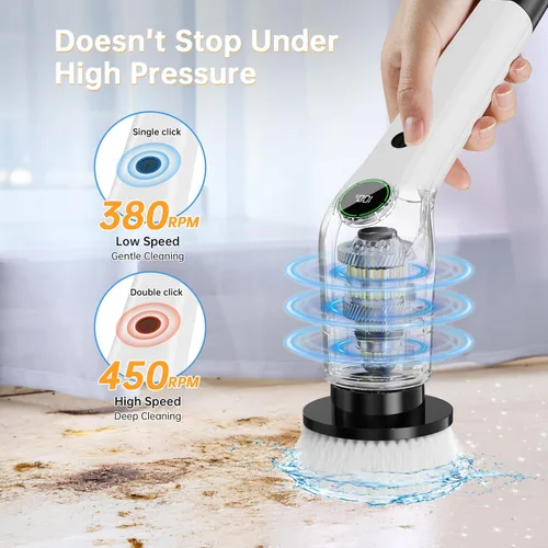 Vista 4 de PUFTEM Cepillo Eléctrico Giratorio, Limpiador de Ducha Inalámbrico con 8 Cepillos de Fregar, 2 Velocidades con Mango de Extensión Ajustable