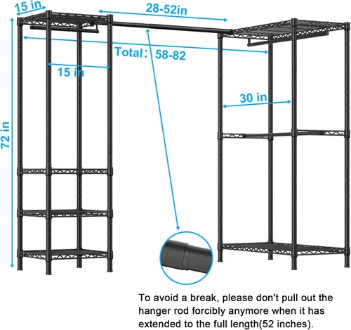 Vista 2 de ULIFHOME E10L - Perchero en forma de L para esquina (con barra de suspensión expandible), resistente y independiente para colgar ropa, perchero
