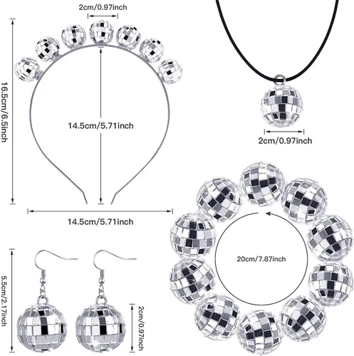 Vista 3 de Hicarer Accesorios de bola de discoteca, disfraz de discoteca de los años 70 para mujer, diadema, aretes, collar, pulsera