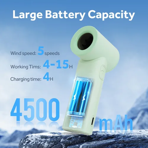 Vista 4 de Ventilador turbo portátil de mano, viento de 5 engranajes, pantalla LED, ventilador personal recargable por USB de 4500 mAh, tiempo de enfriamiento