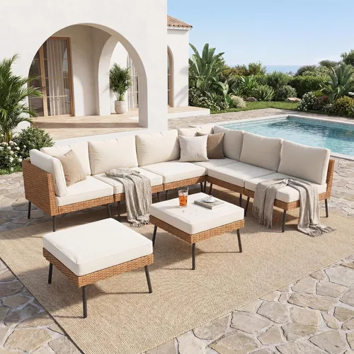 Vista 12 de Aoxun Juego de muebles de patio de 7 piezas con mesa auxiliar, color beige Muebles de mimbre para exteriores con cojines gruesos resistentes al