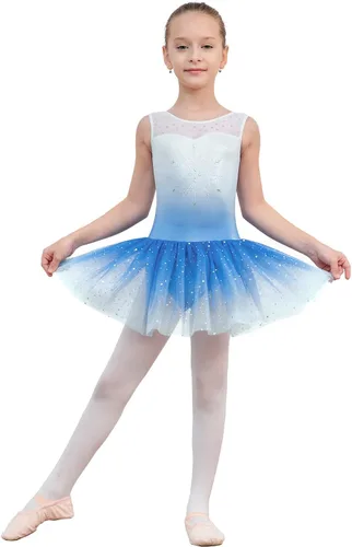 Vista 2 de EQSJIU Leotardo de ballet con falda tutú para niñas, para baile, gimnasia, niños pequeños, vestido de fiesta con copos de nieve brillantes