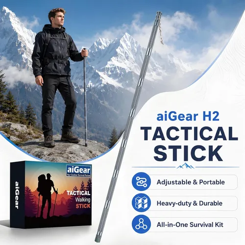 Vista 7 de aiGear H2 Survive Tactical Walking Stick Multi Tool – 7-in-1 Survival Hiking Staff, Adjustable Trekking Poles for Men, Outdoor Self Defense Stick
