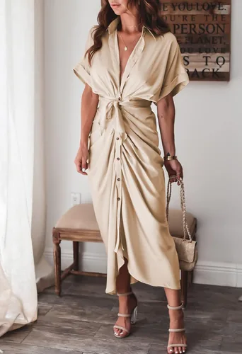 Vista 2 de Linsery Vestido camisero fruncido con botones para mujer, elegante vestido largo con cinturón