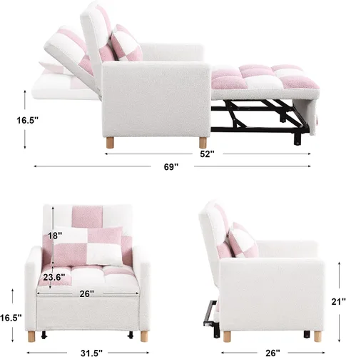 Vista 3 de Linique Sofá cama convertible, silla ajustable con almohada, silla multifuncional con tela de peluche suave para sala de estar, dormitorio