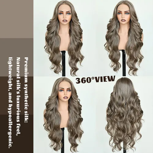 Vista 6 de FABELLE - Peluca de cabello sintético rubio ceniza con encaje frontal de 13 x 4 HD, sin pegamento, parte media ondulada de 30 pulgadas, para usar