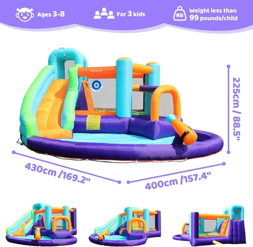 Vista 3 de Doctor Dolphin - Casa inflable de rebote con tobogán acuático, casa inflable para niños grandes, tobogán acuático para patio trasero, parque