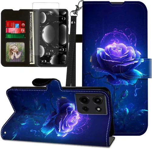 Vista 123 de Funda para Motorola Edge 2022 con protector de pantalla, soporte y tarjetero y correa para la muñeca, funda magnética para Moto Edge 2022 5G UW Lobo