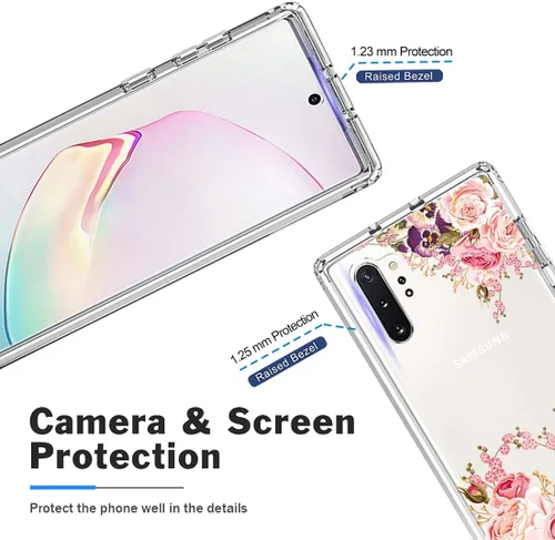 Vista 2 de Funda para Galaxy Note 10+ 5G/Note 10 Plus SM-N975U: Híbrido, policarbonato y TPU, diseño floral, flor de rosa, con protector de pantalla de vidrio