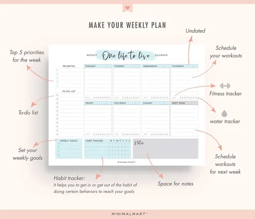 Vista 3 de Planificador semanal lindo 50 hojas sin fecha Calendario de productividad personal organizador para tareas diarias, citas, preparación
