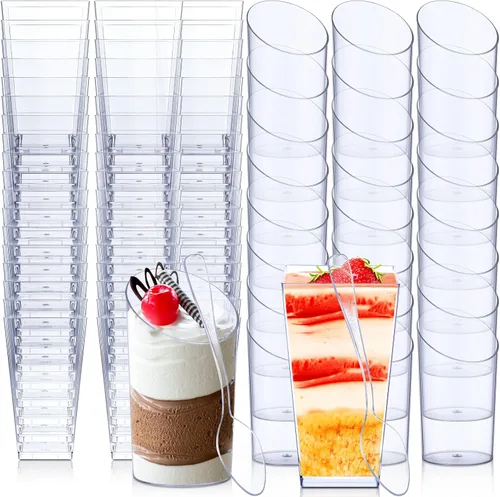 Vista 8 de Nuogo - Juego de 100 mini tazas de postre con cucharas, cuadrados de 3 onzas y 2.5 onzas, inclinados, redondos, pequeños, de plástico transparente