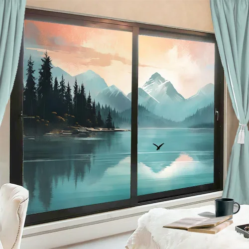 Vista 8 de Película de privacidad para ventana de dibujo de paisaje abstracto, escena de lago, temática de naturaleza, vitrales, sin pegamento, película