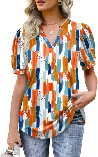 Vista 2 de OFEEFAN Blusas plisadas de manga abombada para mujer, cuello en V, holgadas, elegantes, casuales, S-3XL