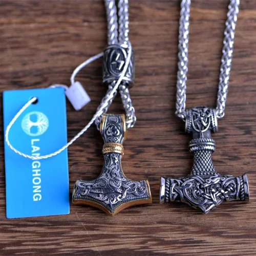 Vista 4 de Collar de martillo de Thor vikingo nórdico Mjolnir para hombre, joyería de talismán