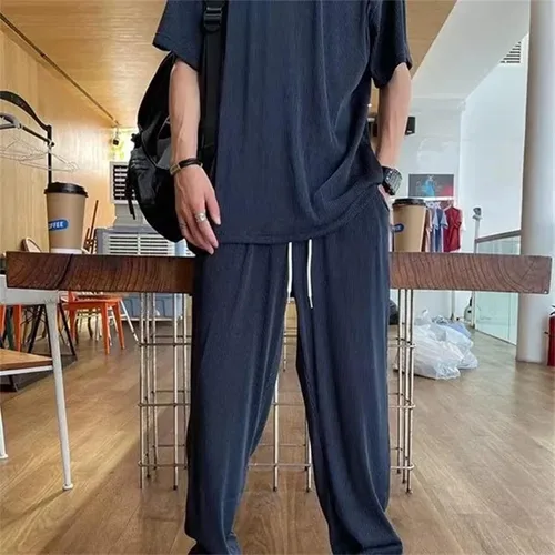 Vista 5 de Traje casual para hombre de seda de hielo Conjunto de seda de hielo suelto elástico para verano, pantalones deportivos (azul marino, 4XL)