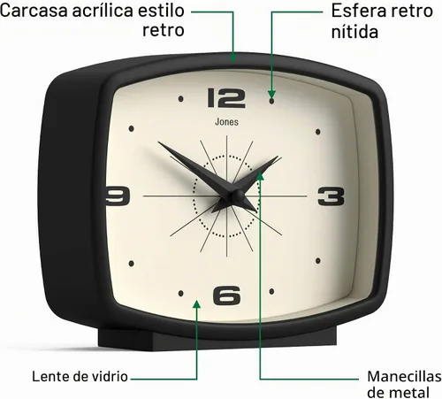 Vista 6 de JONES CLOCKS® Reloj de Escritorio Film Diseño Rectangular Retro Negro Diseño Retro, Combinando Estilo de Mediados de Siglo con un Acabado