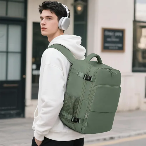Vista 2 de Mochila de Viaje Sinaliy, Verde militar, Grande, Viajes